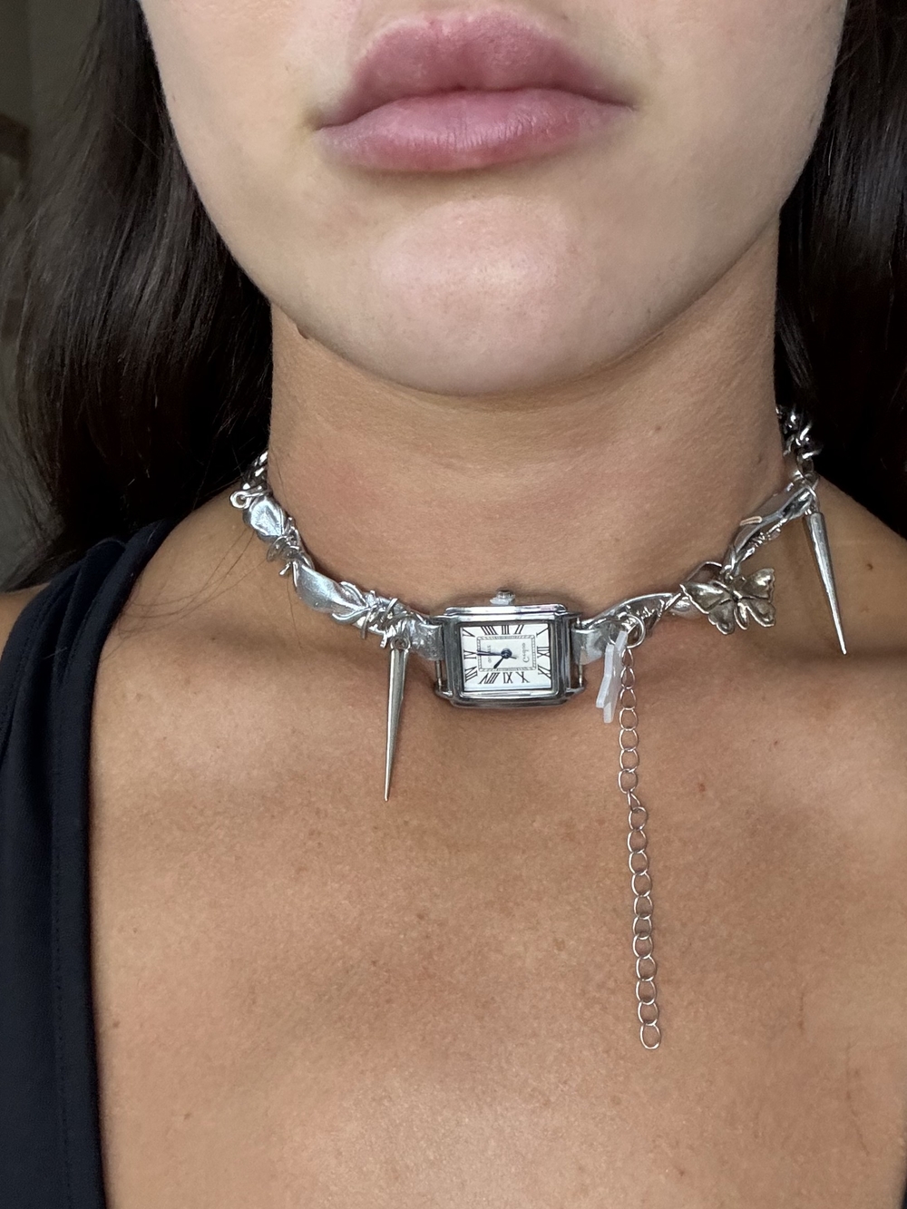 Silver Spike Watch Choker Necklace with Square Face